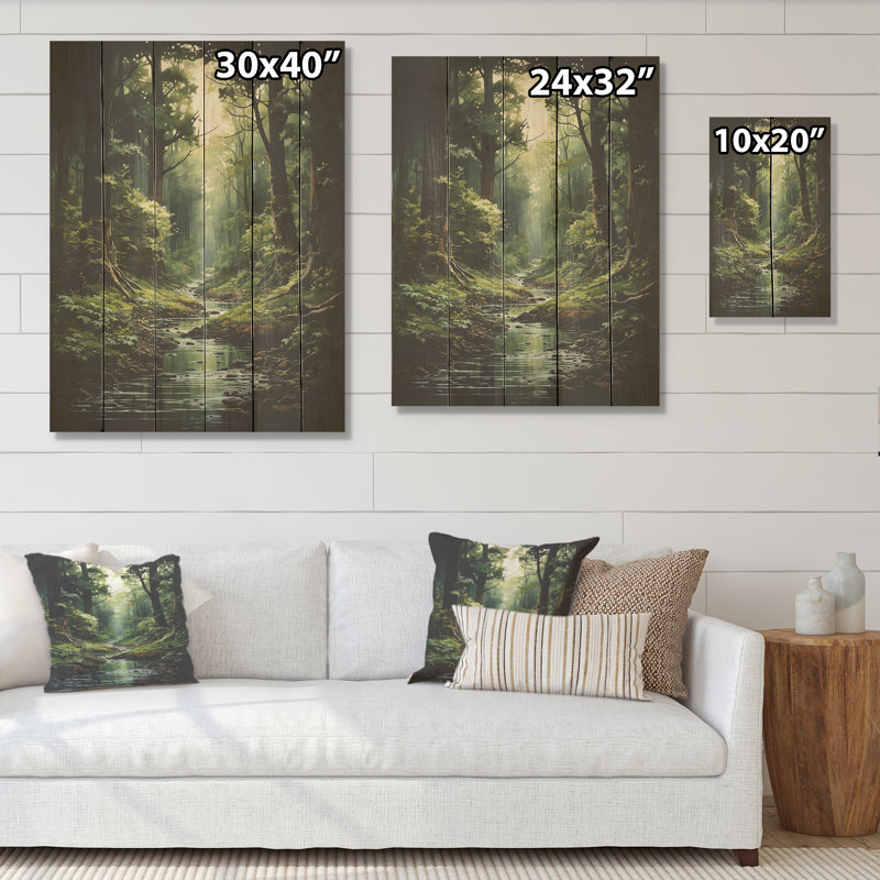 Rivière en bois enchanté I - forêt, art mural sur bois de pin naturel, H 40 po x l 30 po