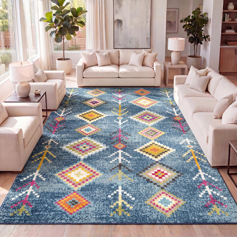 Tapis bleu foncé / multicolore Bethlehem Tribal Love, Rectangle 5 pi 3 po x 7 pi 6 po