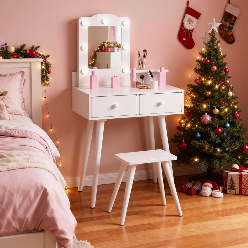 Ensemble de coiffeuse et miroir pour enfants, ensemble de coiffeuse et de chaises en bois pour filles avec tabouret, tiroir, princesse et maquillage