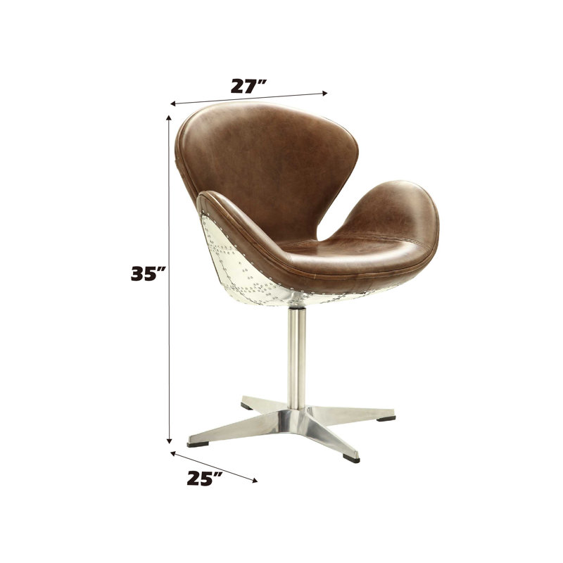 Retro Brown Leather and Metal Swivel Accent Chair