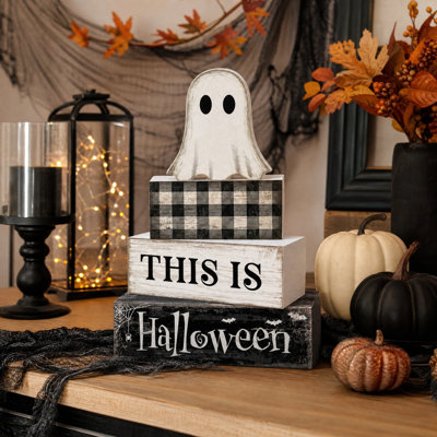 Halloween Decor Halloween Wooden Block Sign Set This Is Halloween Stackable Table Decor With Ghost Cutout And  Plaid Distressed Wood Tiered Tray Ornamen