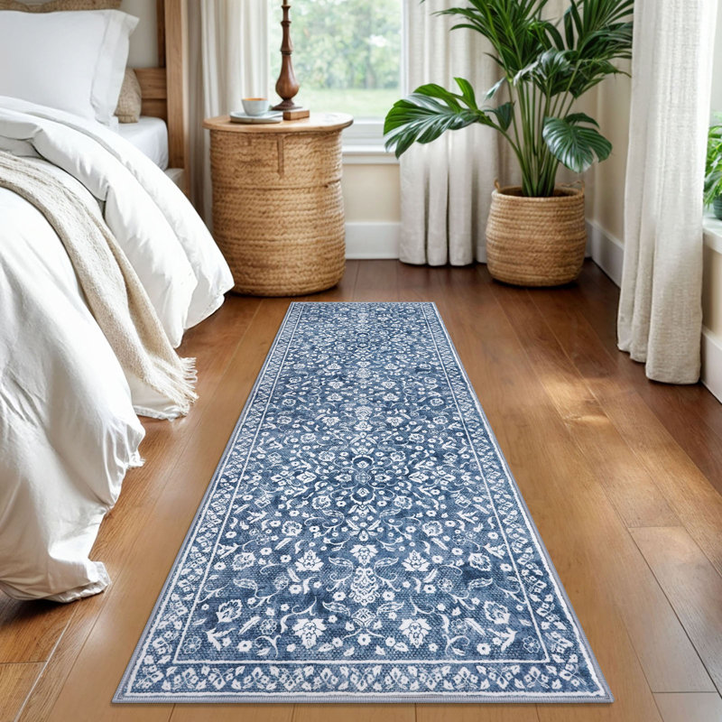 Blue Machine Washable Rugs for Bedroom Non-Slip Low Pile Throw Rugs with Rubber Backing Washable Carpet, Runner 2' x 6'