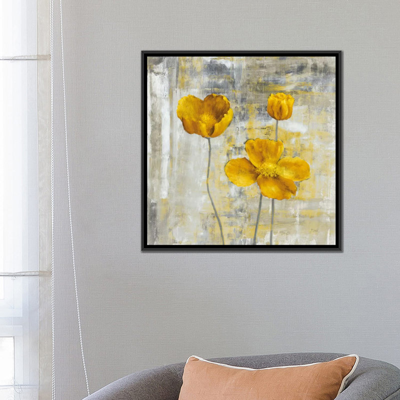 « yellow fleurs ii », impression sur toile, H 18 po x l 18 po x P 1,5 po, Toile avec cadre noir, Pas de tapis