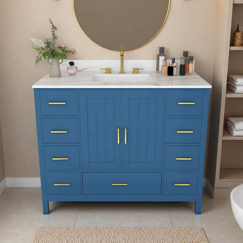 Meuble-lavabo moderne en bois massif de 42 po avec comptoir en pierre frittée et 9 tiroirs, Blue, Widespread