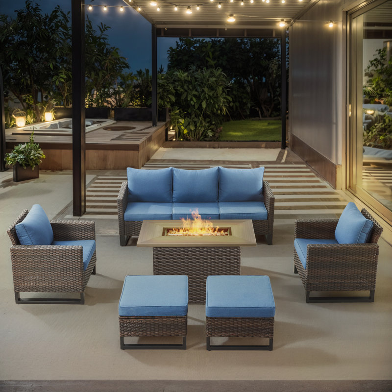 Nazime 5- Person Outdoor PE Wicker Patio Conversation Set with Fire Pit, Ottomans and Cushions, Blue, Brown