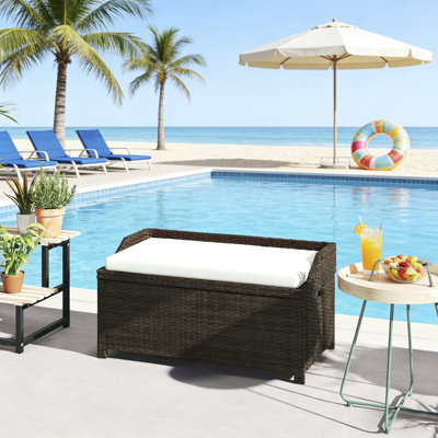 40.2" x 20.1" x 20.5" Outdoor Wicker Storage Bench – 34 Gallon PE Rattan Deck Box with Aluminum Frame, Gas Struts, Removable Cushion & 660lb Weight Capacity, Coffee/Cream White
