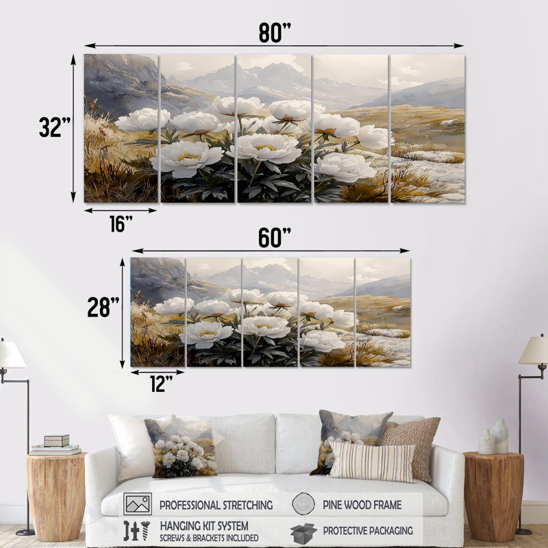 Cline - pivoines - art mural traditionnel, H 32 po x l 80 po, 5