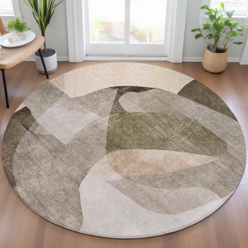 Tapis taupe Xhevrie intérieur / extérieur lavable à la machine, Rond 8 pi