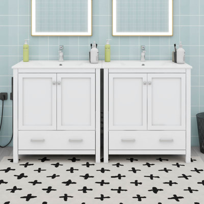 60 Inches Modern Bathroom Vanity Set – Double Ceramic Sinks, Storage Shelf & Divided Drawers, Spacious Double Vanity