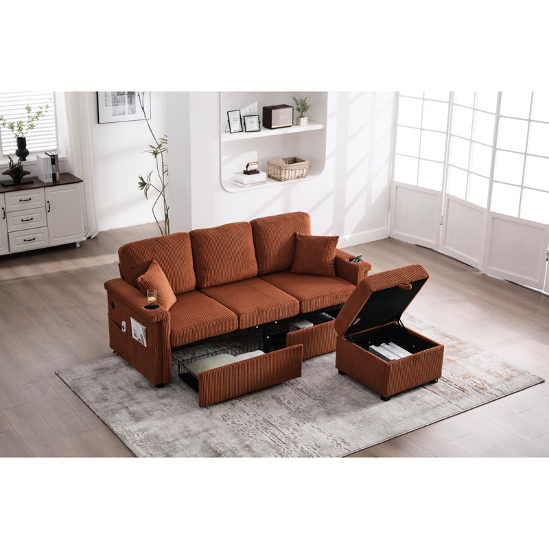 Velours côtelé orange convertible 4 avec rangement escamotable, porte-gobelets et coussins à rebond élevé pour le salon