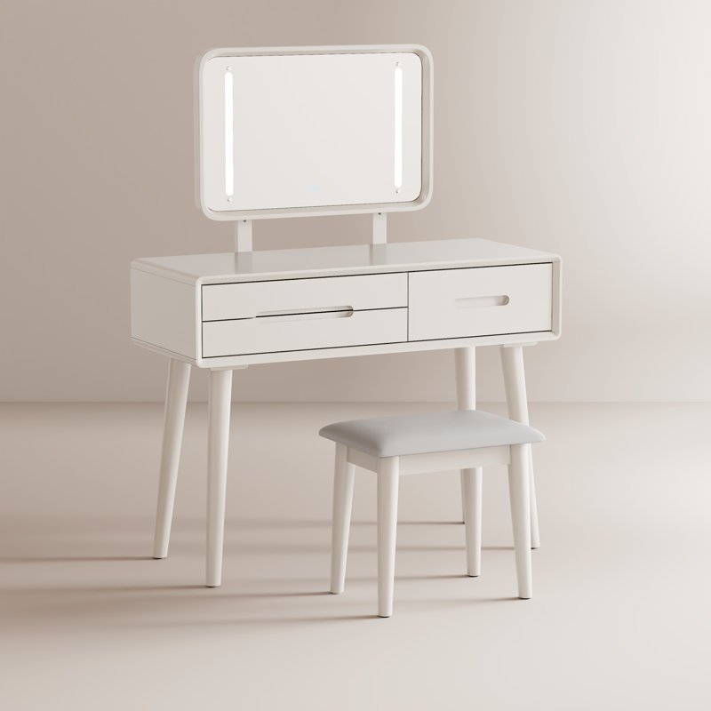Coiffeuse de maquillage en bois massif avec miroir et 3 modes de luminosité réglables avec 3 tiroirs, Blanc