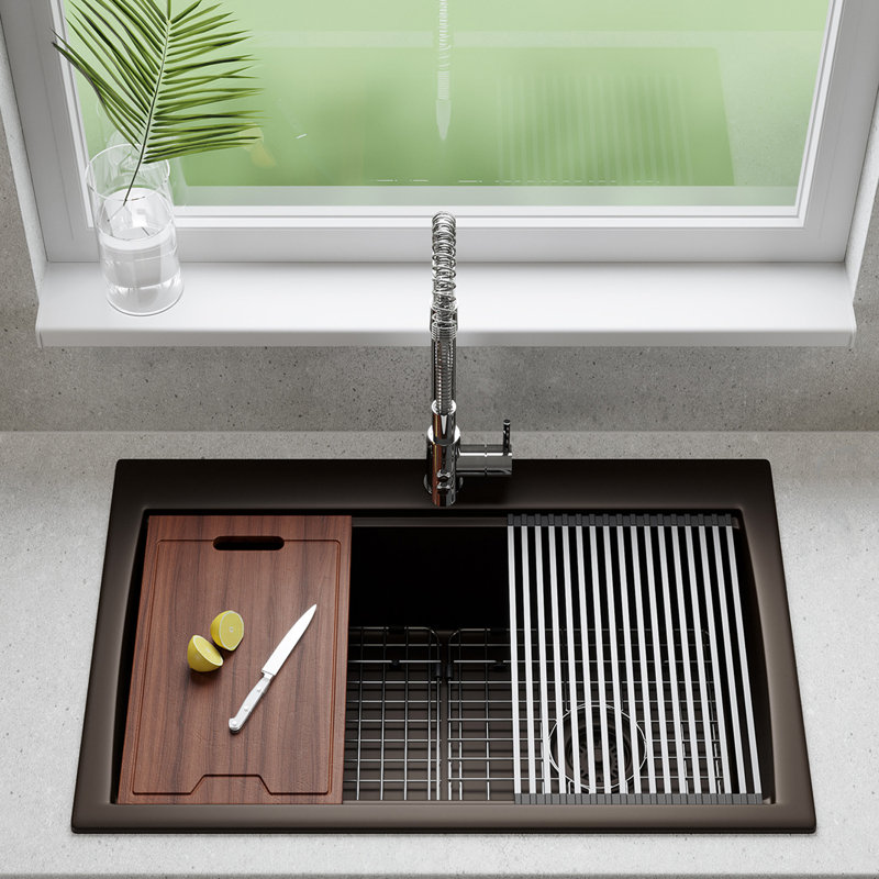LEXICON 33" x 22" Workstation Kitchen Sink, Platinum Quartz Kitchen Sink, Single Bowl Sink, Drop-in Sink, Undermount Sink, Granite Kitchen Sink, with wooden cutting board, rollup drain mat, Steel Grids and Basket Strainer, Disposal Flange
