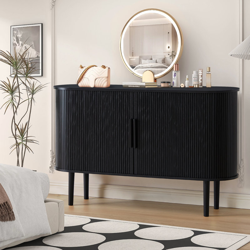 Sideboard Buffer Cabinet with Fluted Slide Doors, Black