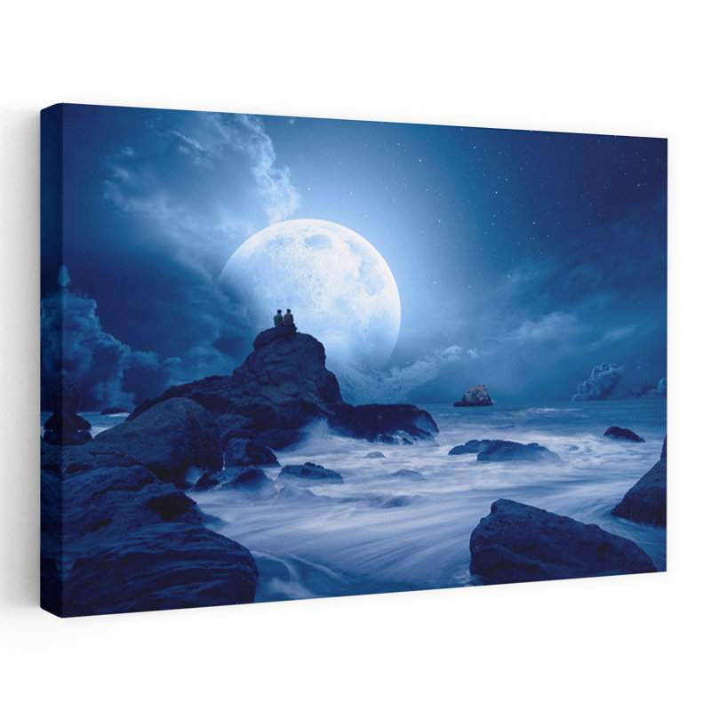 Couple sous la pleine lune, art mural côtier dramatique et mystérieux, H 60 po x l 40 po