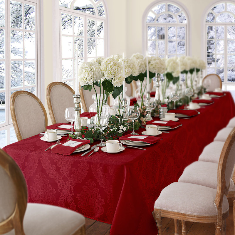 Luxurious Red Jacquard Damask Polyester Tablecloth, 60" x 84" Oblong
