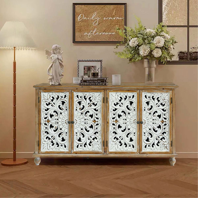 Accent Cabinet With 4 Doors, Farmhouse Sideboard Buffet Cabinet With Storage, Modern Credenza Storage Cabinet With Wood Carved Floral Doors For Living Room, Dining Room, Entryway, Hallway, Kitchen