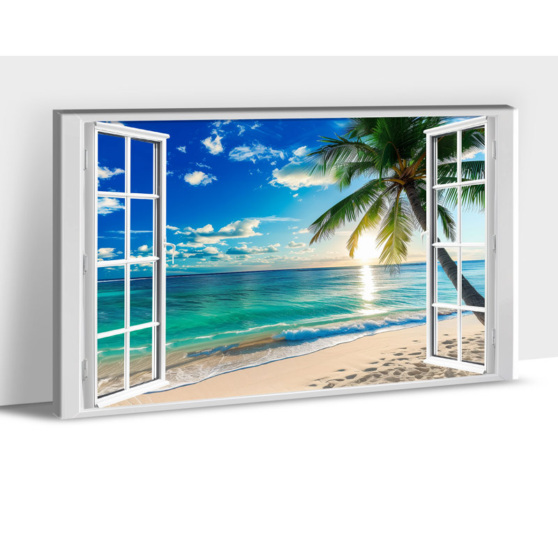Tableaux, art mural palmiers sur toile, lever de soleil sur l'océan, H 31 po x l 47 po
