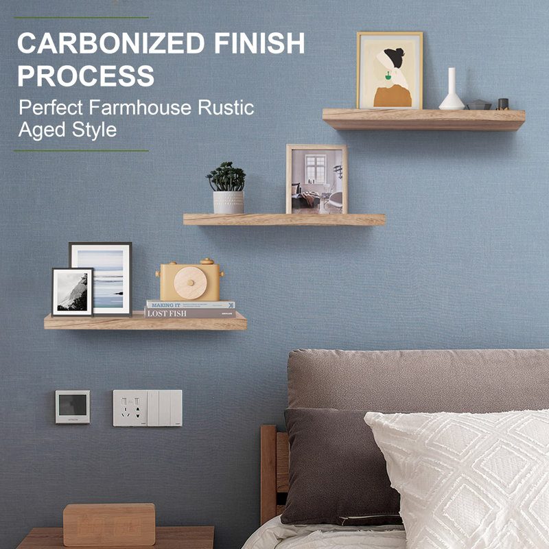 Aubrette 3 Piece Solid Wood Wall Mounted Shelves Floating Shelf, Carbonized Black, Carbonized Black