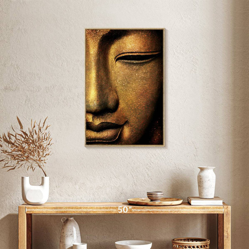 Golden Buddha Face, Floating Frame Natural Wood, 21" x 31"