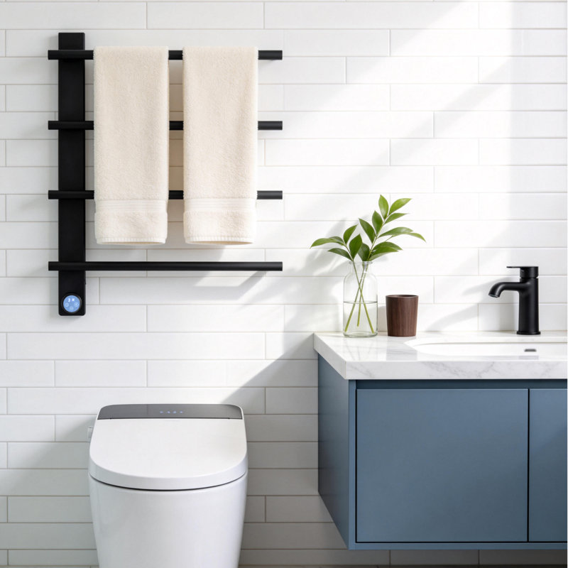 4 Bars Wall Mounted Electric Towel Warmer With Temperature Display, Black