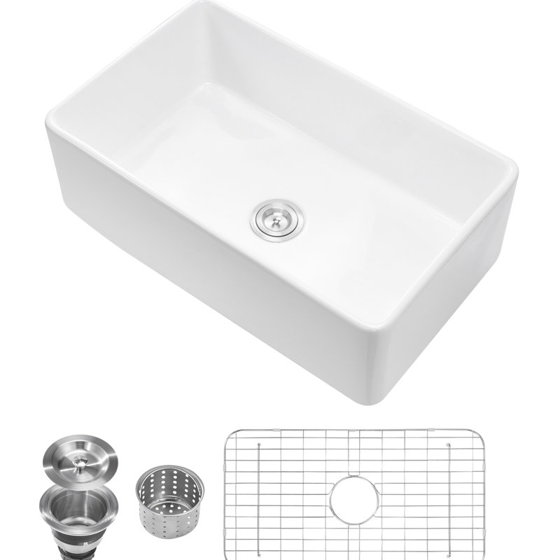 Évier de cuisine encastré 33,5 x 20 po blanc, émaillé Scratch, grand bassin, simple cuve à drainage lisse, fini supérieur avec bonde décalée et coin arrondi R10