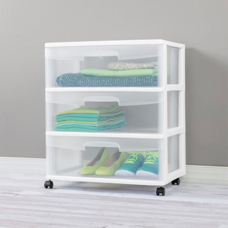 Sterilite Wide 3 Drawer Storage Cart, Rolling Cart with Wheels Organizes Clothes in Bedroom, Closet