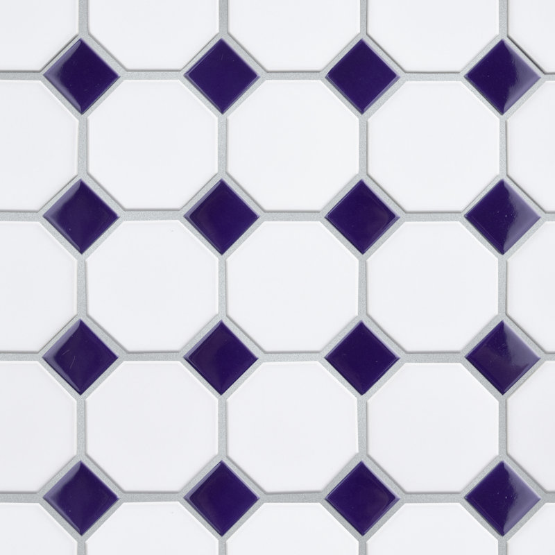 Carreau de mosaïque en porcelaine 11-1 / 2 "x 11-1 / 2" Metropolis Octagon, Blanc mat / cobalt