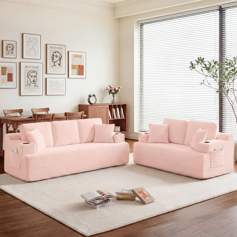 Ensemble de canapé 3 + 2 places avec porte-gobelets, poches latérales et 4 coussins Boneless, Pink