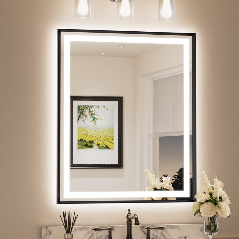 LED lighted Mirror with Tempered Glass, Metal Frame, Frontlit & Backlit, 36" x 30"