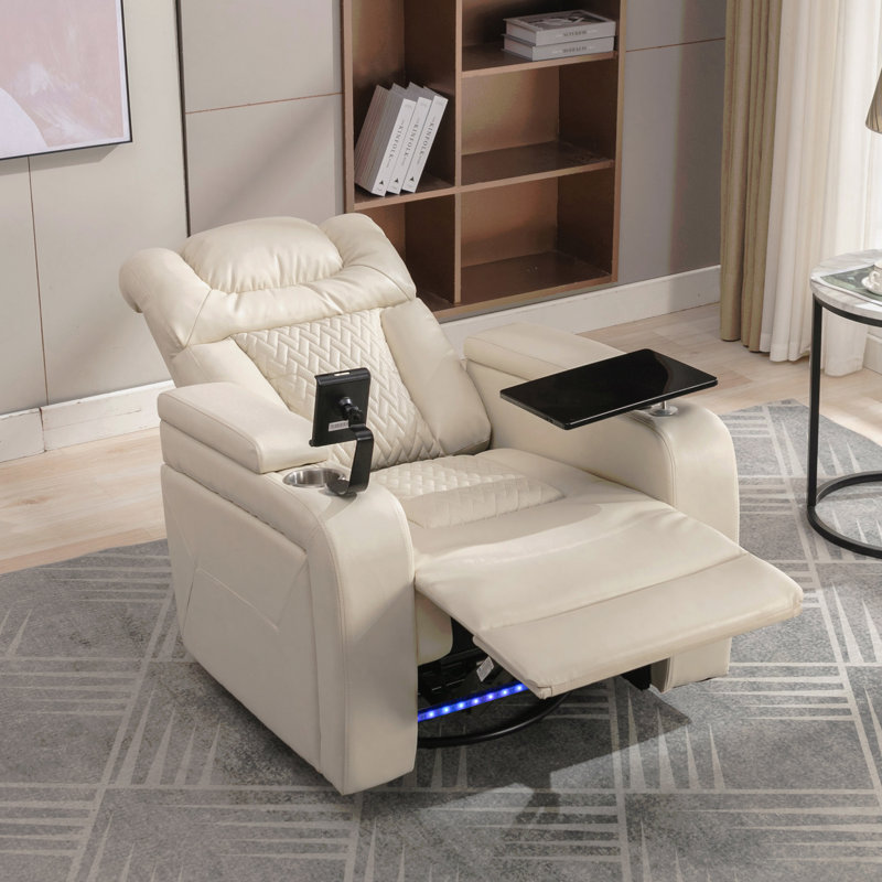 270° Swivel PU Leather Power Recliner - Home Theater, Tray Table, Phone Holder, USB, Storage, White