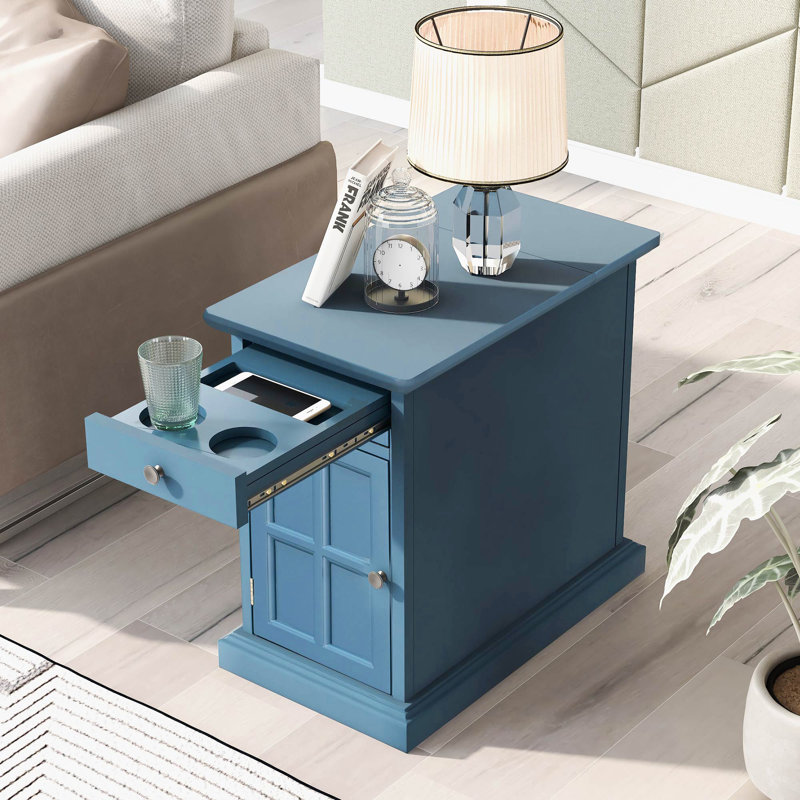  Table de bout rétro avec ports USB, porte-gobelets et rangement multifonctionnel pour le salon, bleu marine, Marine