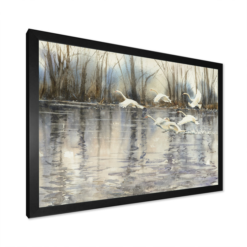 Cygnes blancs volant au-dessus d'un magnifique lac - reproduction d'art sur toile, Cadre noir, H 8 po x l 12 po x P 1 po