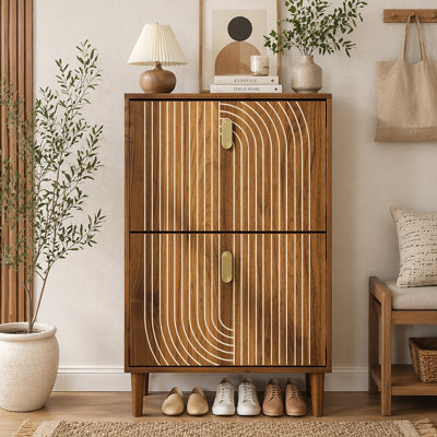 Shoe Storage Cabinet with 2 Flip Drawers,Free standing Shoe Cabinet with Metal Handles,Shoe Rack Cabinet with line groove design,23.6"W