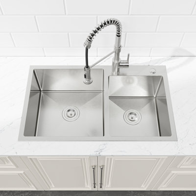 32 x 19 Double Bowl Stainless Steel Kitchen Sink, Overmount Handmade Sink in Brushed Nickel, 16 Gauge with Drain & Hooks