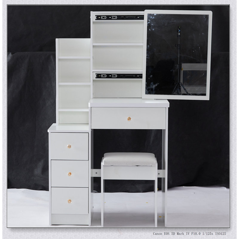 Ensemble de coiffeuse compacte avec miroir coulissant et rangement multicouche, idéal pour les petites chambres et l'organisation efficace
