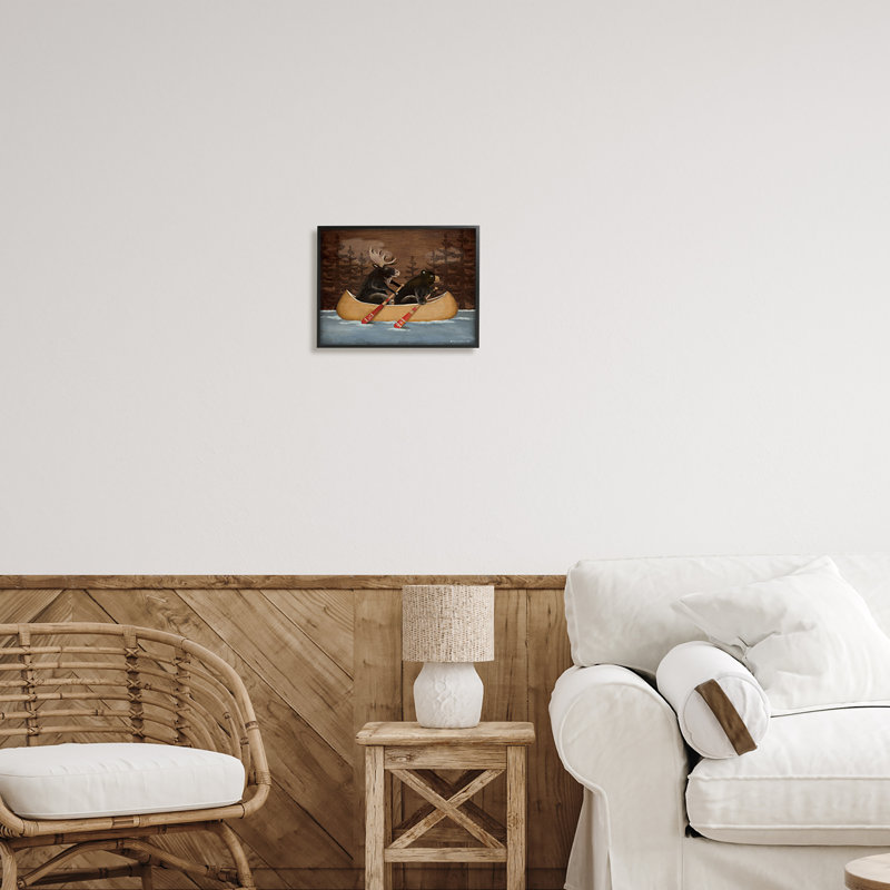 " Canoeing Animals Rustic Woodland " by Stephanie Workman Marrott, Midnight Black Framed Giclee, 14" W x 11" H x 1.5" D