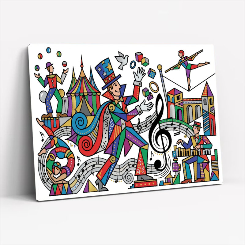 «Circus Performers And Musical Notes», reproduction d'art sur toile tendue sur toile, ensemble de 1, Cadre photo unique, Noir