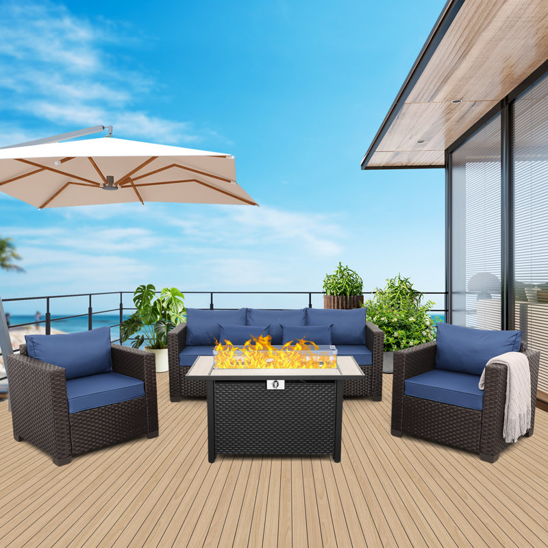 Ensemble de conversation modulaire en osier avec coussins pour l'extérieur, Marine, Non, Oui