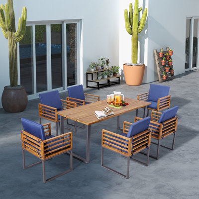 7pcs Acacia Wood Patio Dining Set Cushioned Dining Chair & Table Set W/ Umbrella Hole