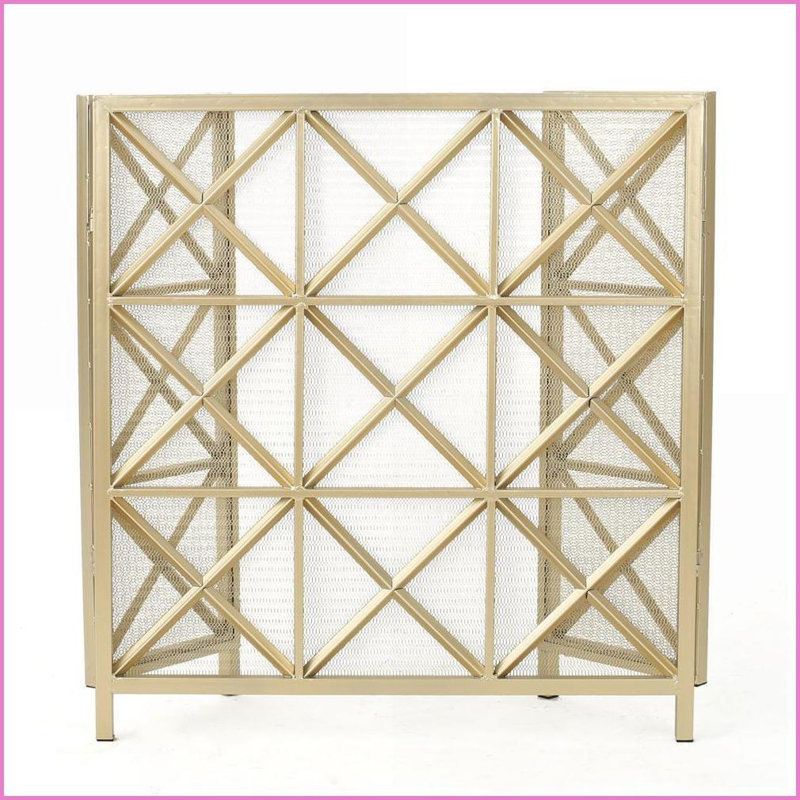 Fireplace Screen 3-Panel Iron X Pattern | Gold | Iron