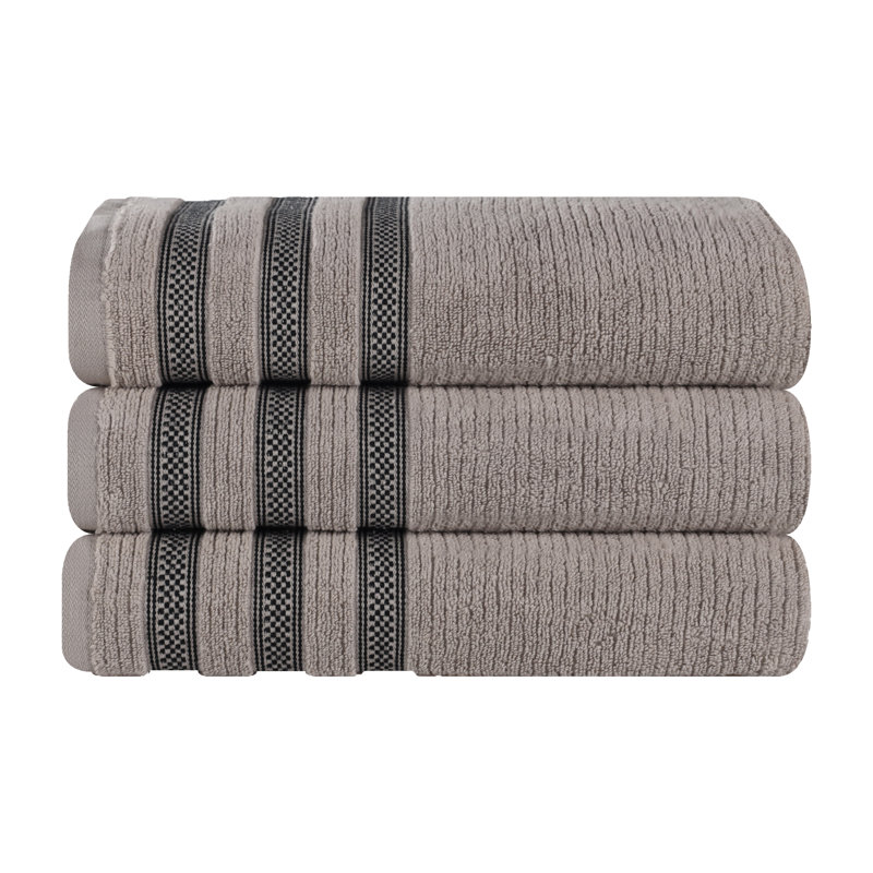 Emiliah Zero Twist Cotton Ribbed Modern Geometric Border Plush Soft Highly-Absorbent Bath Towel Set, Gray