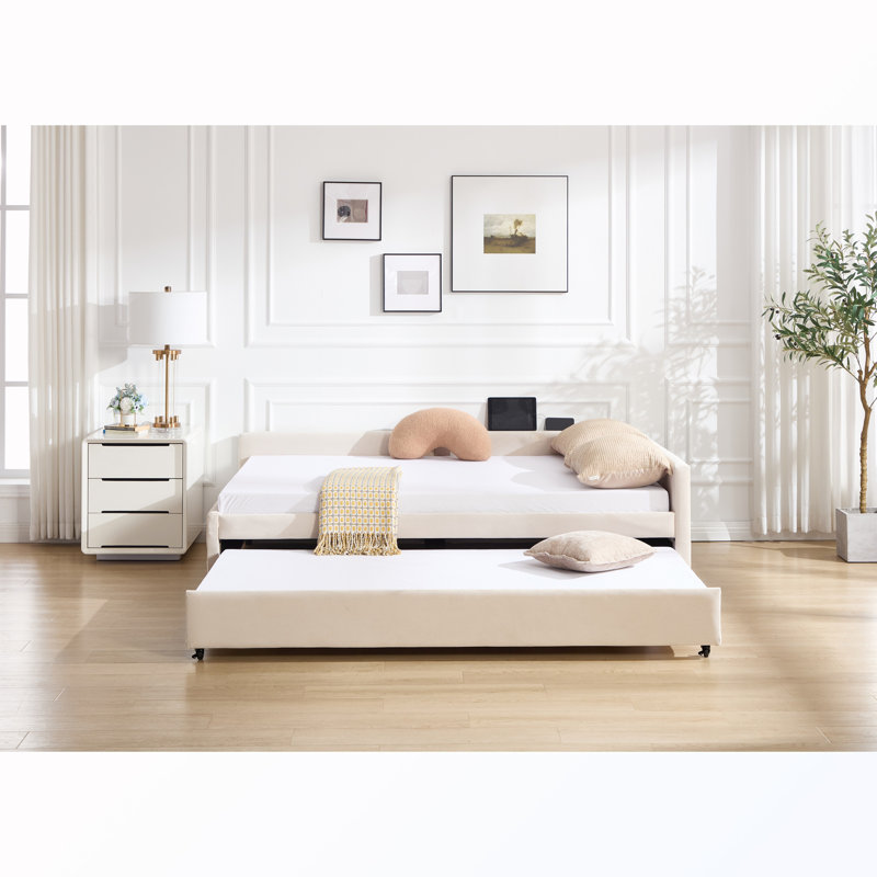 Lit de jour simple rembourré avec couchette, Beige