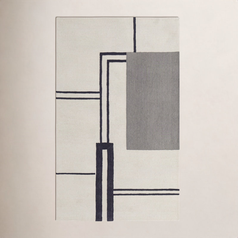 Tapis de style Mid-Century moderne, ivoire / noir Nobu Architectural, Rectangle 9 pi x 12 pi