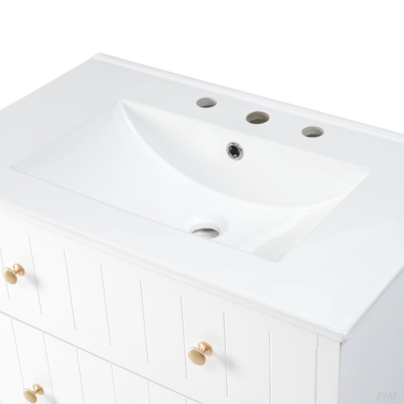Lavabo de salle de bain rectangulaire en céramique 3 trous 30 po x 18 po, lavabo de meuble-lavabo seulement, convient au robinet central de 8 po, blanc (robinet et armoire non inclus) [lavabo seulement]