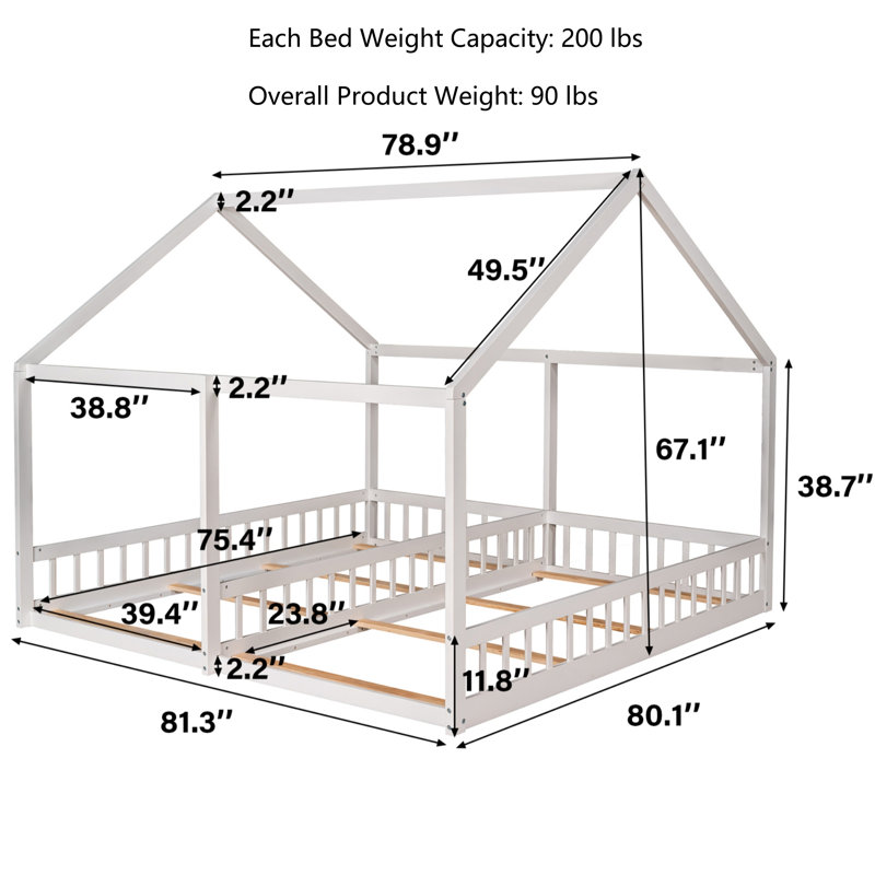 Twin Size Double House Platform Beds, White