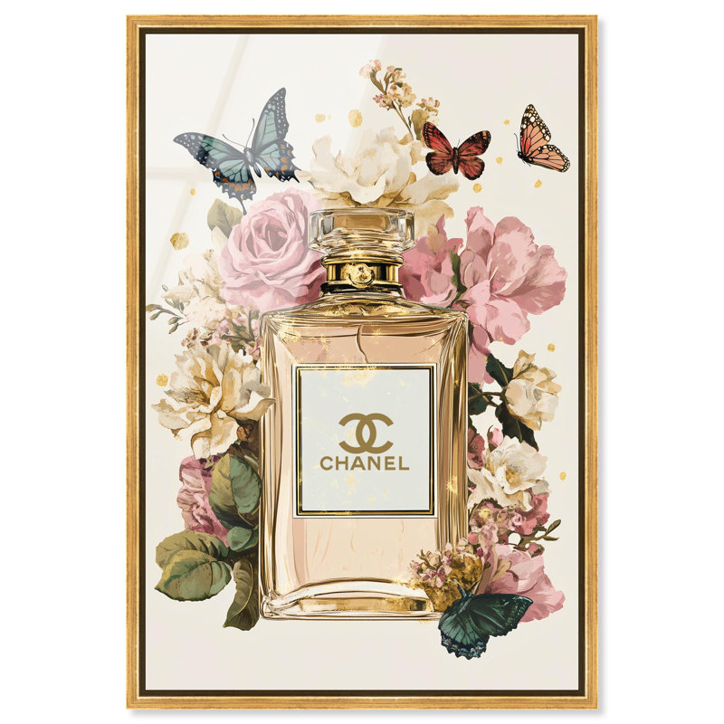 Glam Bloom Butterfly Perfume Framed High-Gloss Acrylic Glass Wall Art Fashion Art by Art Remedy, Gold Frame, 36 x 54, Gold