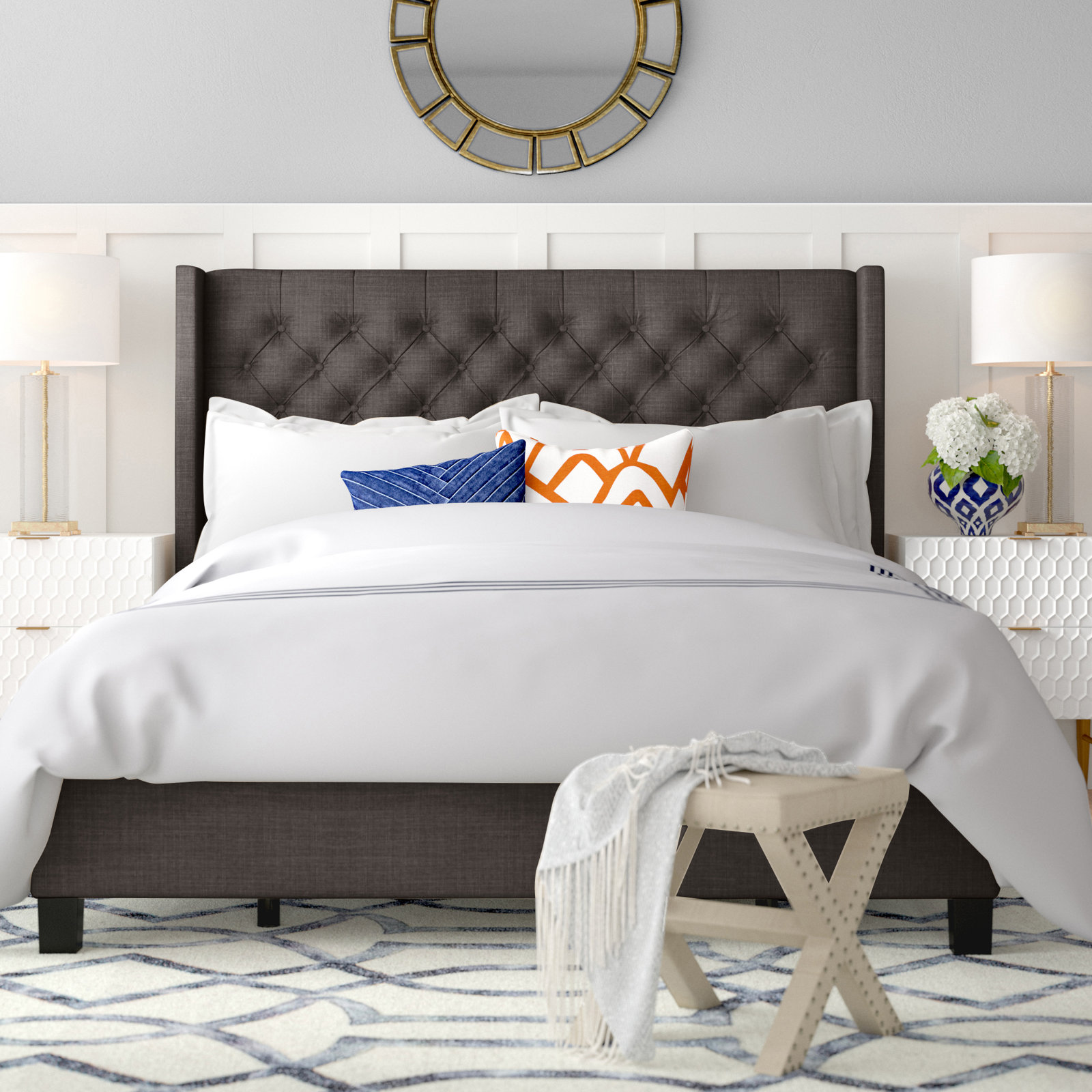 Kaster Linen Upholstered Wingback Bed, Full/Double, Heathered Dark Grey Linen