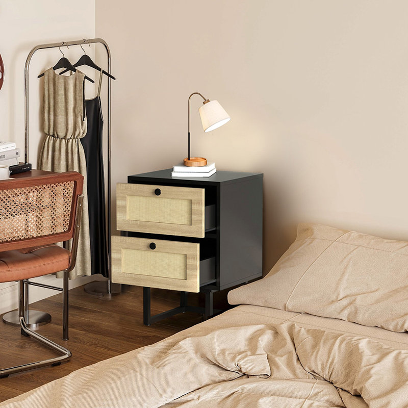 Black bedside table, bedroom table, 2 drawers, bedside table with frame for bedrooms, coffee table, side table with storage compartment 57 x 40 x 34cm, bedside table with frame for bedrooms