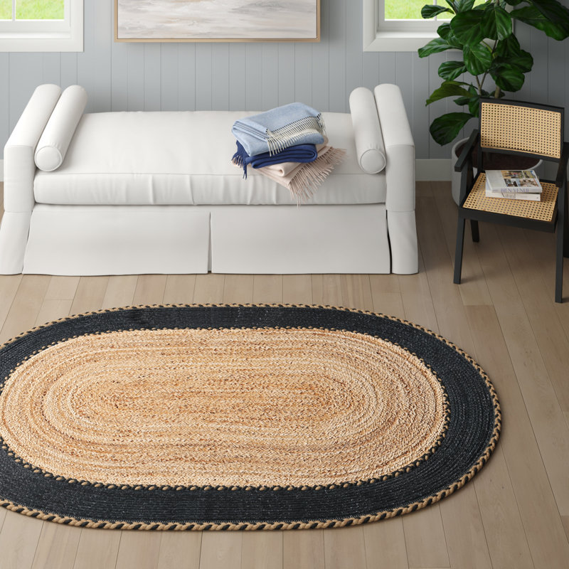 Malvern Oval Hand-Loomed Jute/Cotton Area Rug in Brown/Black, Oval 7' x 9'