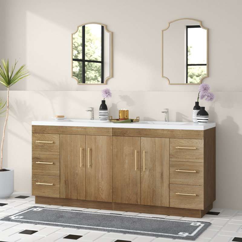 Meuble-lavabo sur pied avec lavabo en acrylique renforcé Verda, Chêne